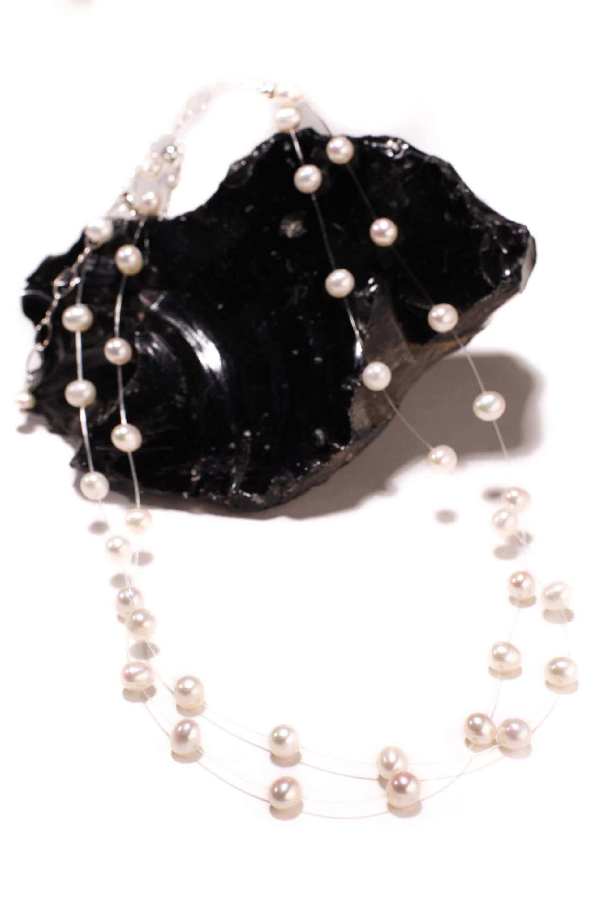 Natural Freshwater Cultured White Pearl 5mm Multi Strand 2 Line Floating Bridal Illusion Necklace 16" Plus 3" Extension, 925 Sterling Silver