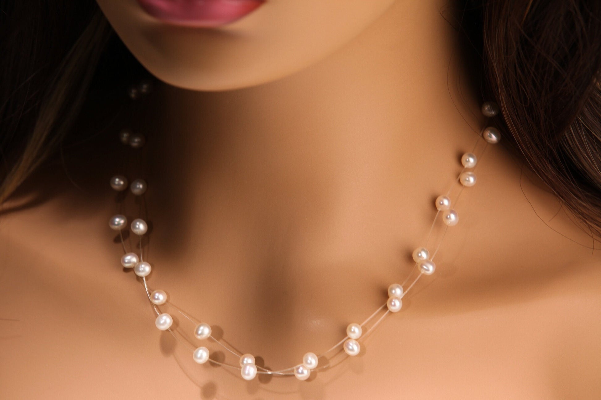 Natural Freshwater Cultured White Pearl 5mm Multi Strand 2 Line Floating Bridal Illusion Necklace 16" Plus 3" Extension, 925 Sterling Silver