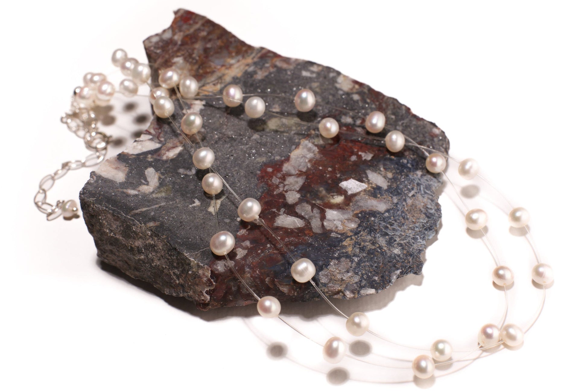 Natural Freshwater Cultured White Pearl 5mm Multi Strand 2 Line Floating Bridal Illusion Necklace 16" Plus 3" Extension, 925 Sterling Silver