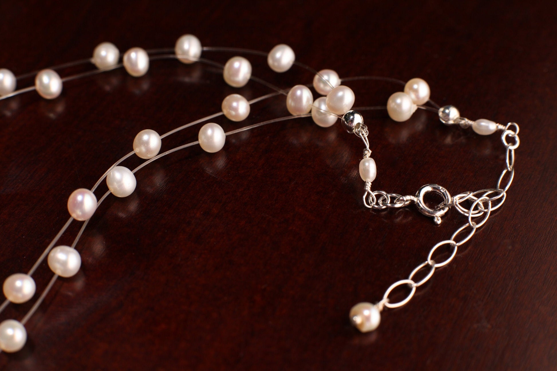 Natural Freshwater Cultured White Pearl 5mm Multi Strand 2 Line Floating Bridal Illusion Necklace 16" Plus 3" Extension, 925 Sterling Silver