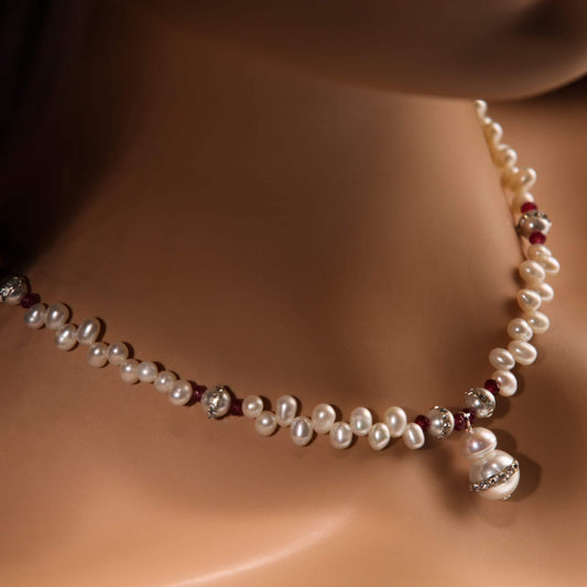 Natural Freshwater Pearl 4x6mm Potato Top Drilled Pearl, Spacer with Garnet, Rhinestone Pearl 6mm and Pendant 10mm,Silver Necklace, Bridal