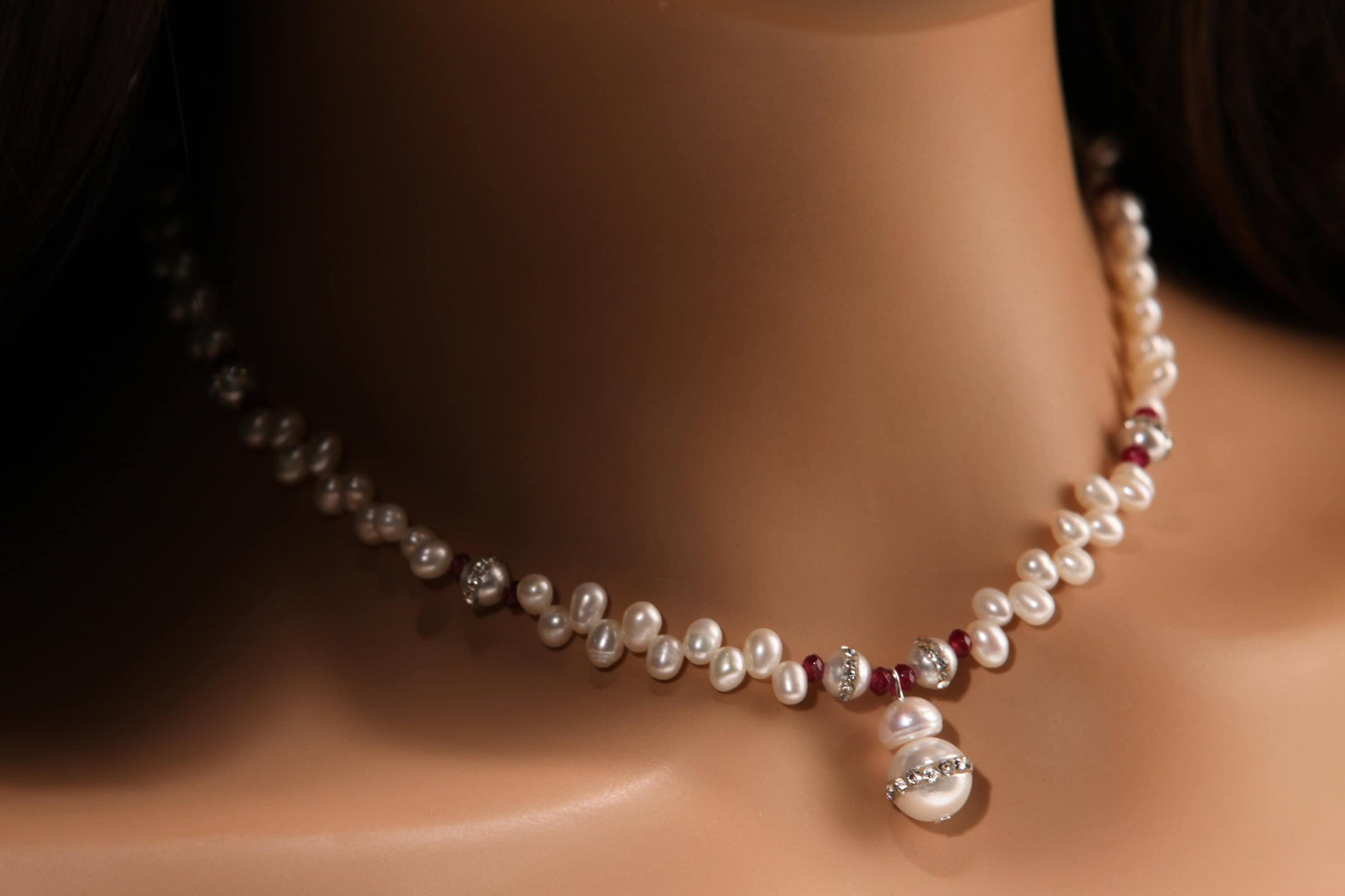 Natural Freshwater Pearl 4x6mm Potato Top Drilled Pearl, Spacer with Garnet, Rhinestone Pearl 6mm and Pendant 10mm,Silver Necklace, Bridal