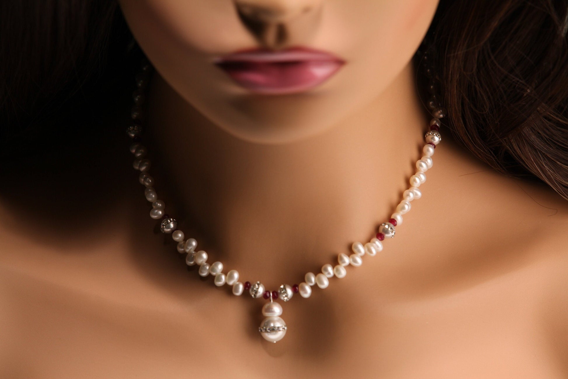 Natural Freshwater Pearl 4x6mm Potato Top Drilled Pearl, Spacer with Garnet, Rhinestone Pearl 6mm and Pendant 10mm,Silver Necklace, Bridal