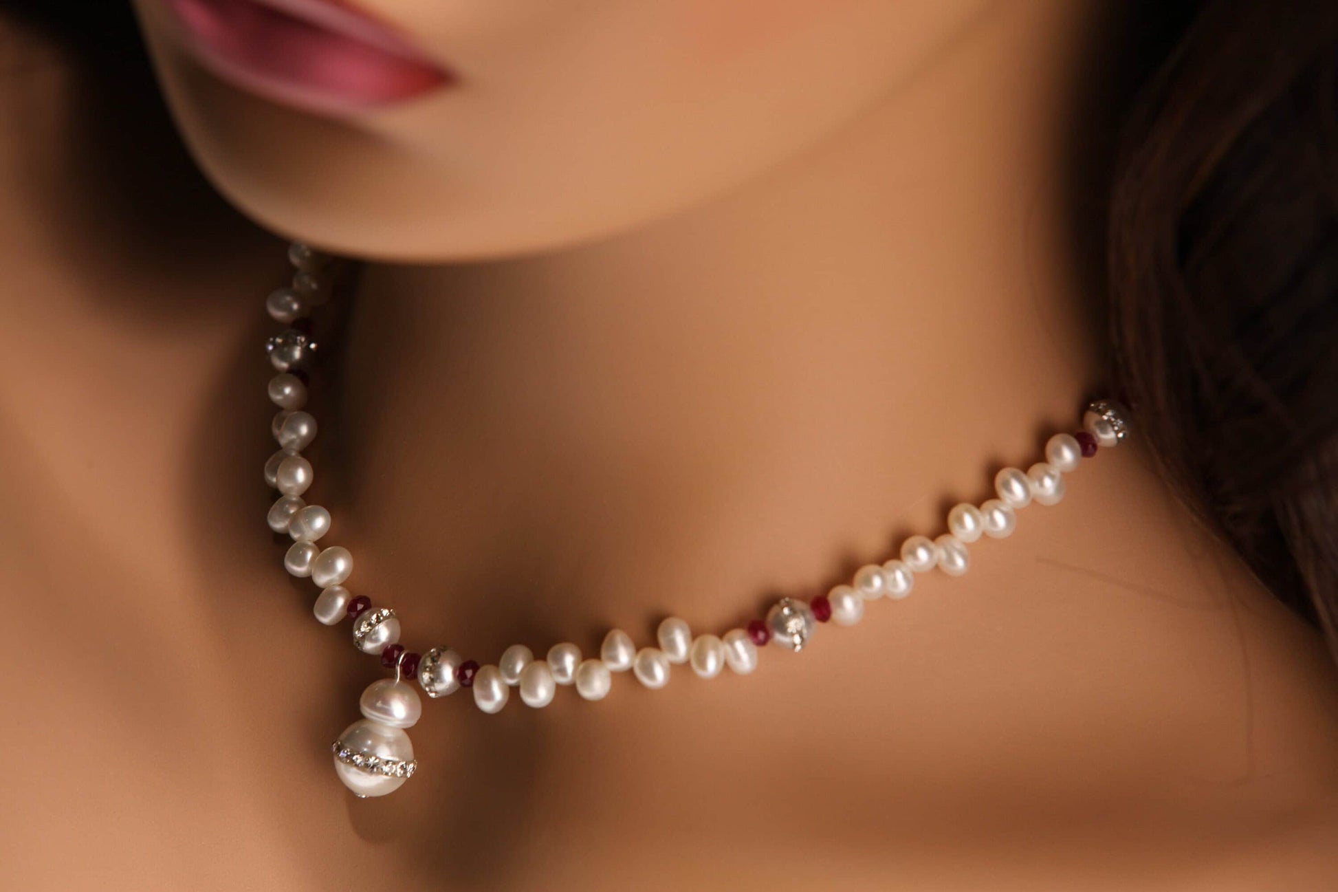 Natural Freshwater Pearl 4x6mm Potato Top Drilled Pearl, Spacer with Garnet, Rhinestone Pearl 6mm and Pendant 10mm,Silver Necklace, Bridal