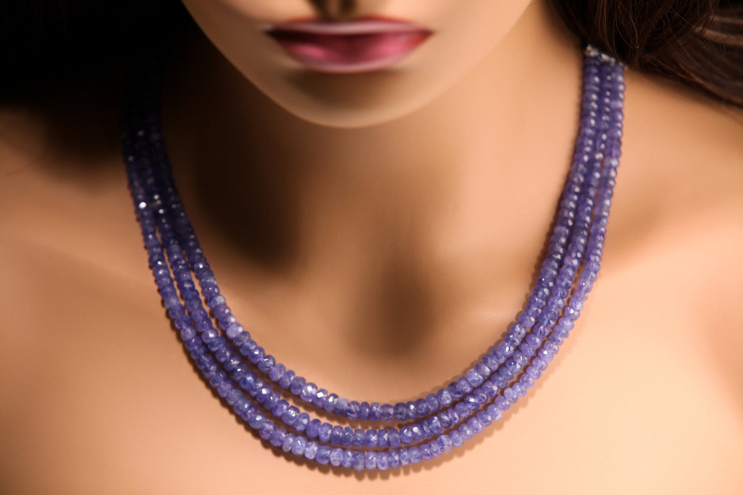 3 line Natural Tanzanite Faceted 5-6mm Large Rondelle 16" Plus Adjustable Long Thread Necklace. AAA Quality. Beautiful Gift, 330 Cts,AAA+