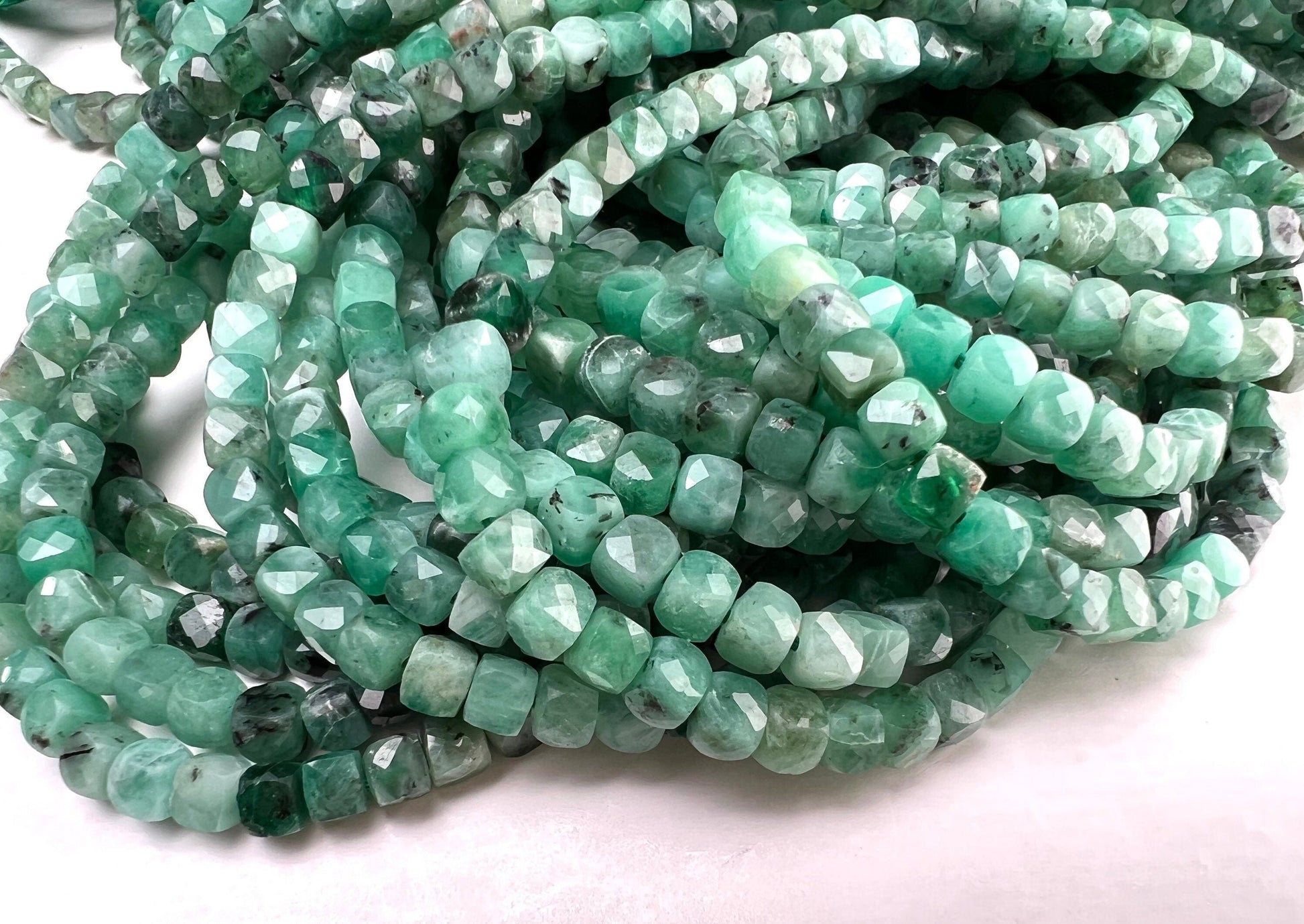 Natural Emerald square cube dice shape 4-4.5mm Faceted Gemstone Beads 12.25”Strand