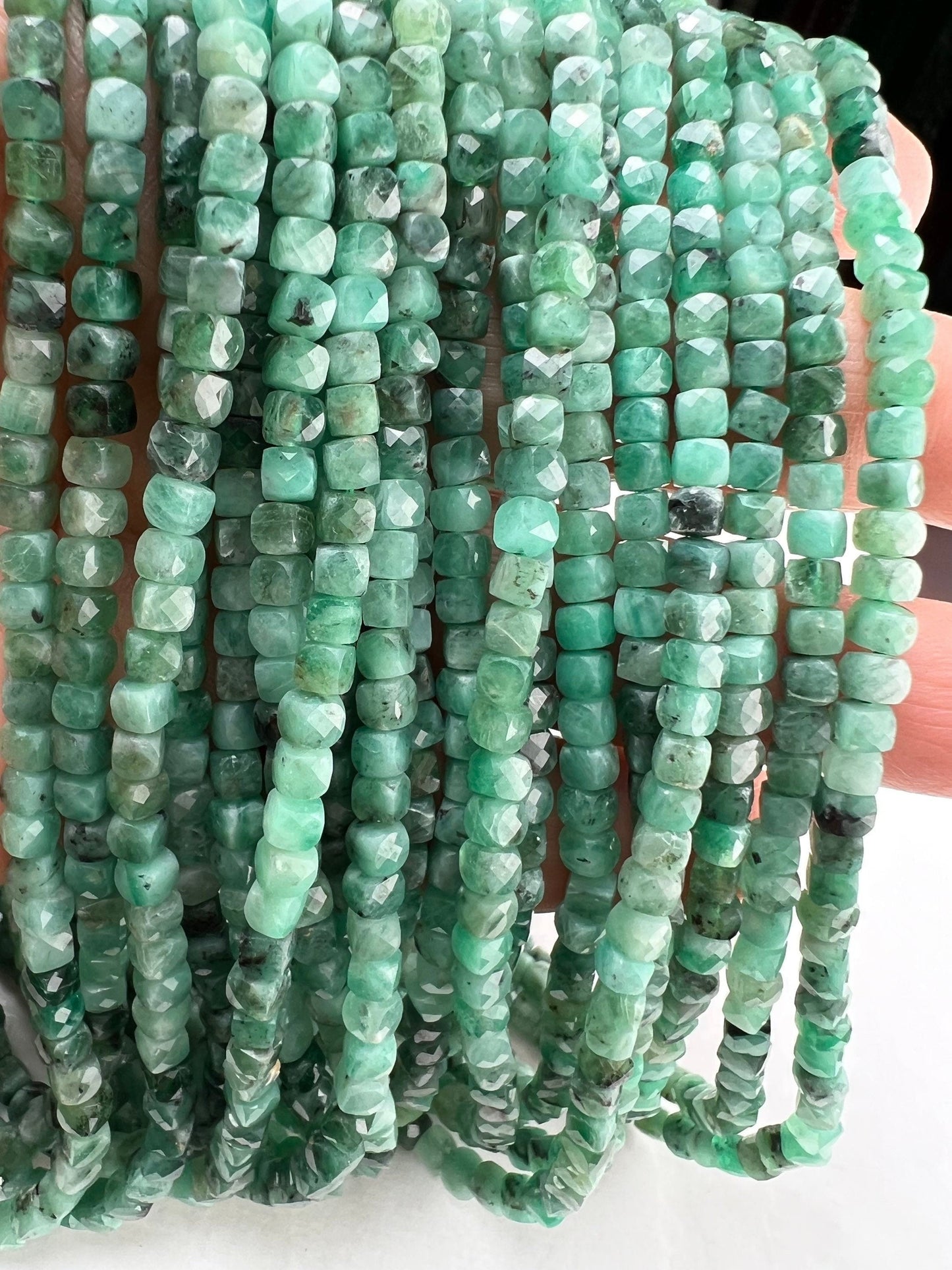 Natural Emerald square cube dice shape 4-4.5mm Faceted Gemstone Beads 12.25”Strand