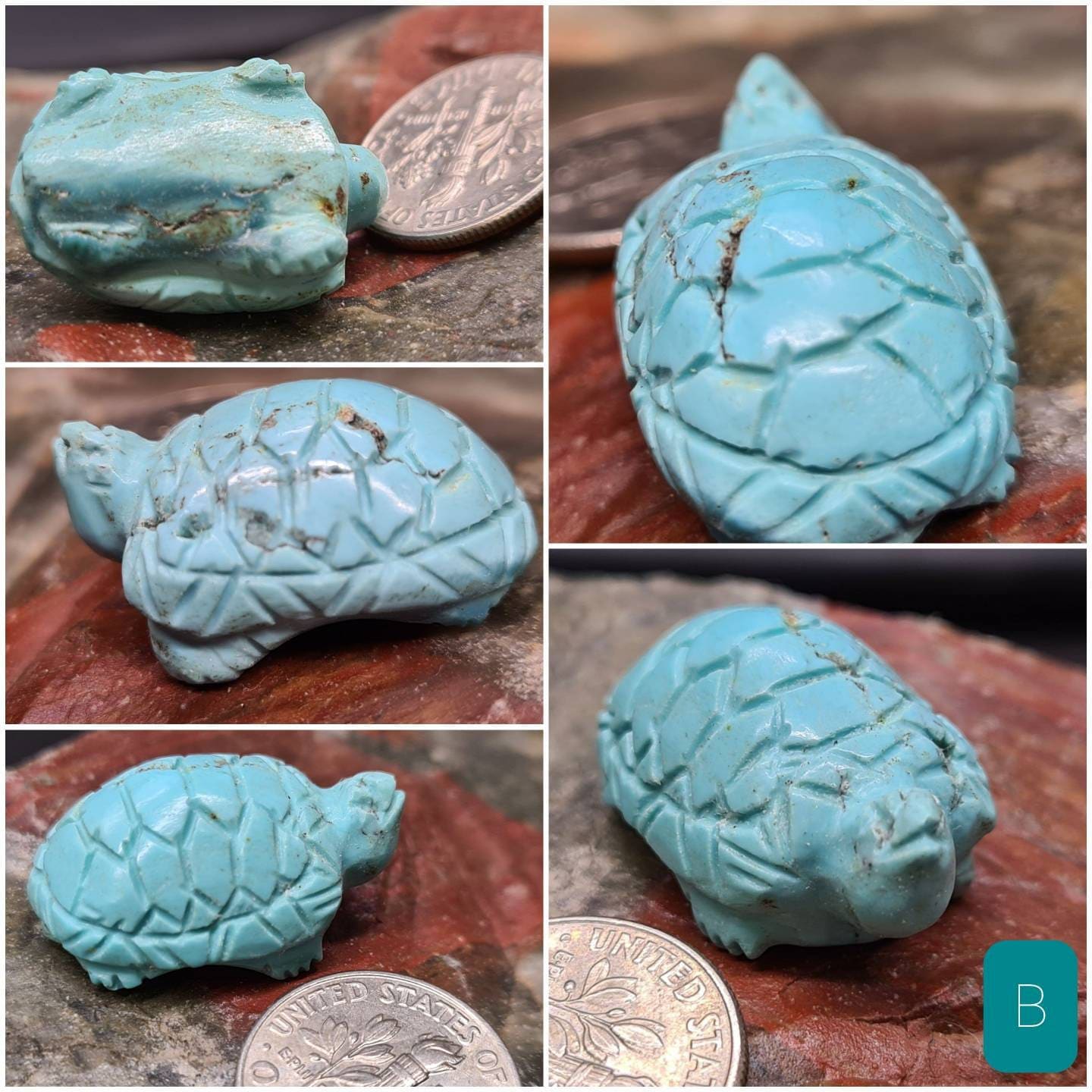 Hand Carved Natural Turquoise Sea Turtle Totem, Miniature Animals Collectible Figurines Vintage Sculpture, Old Stock