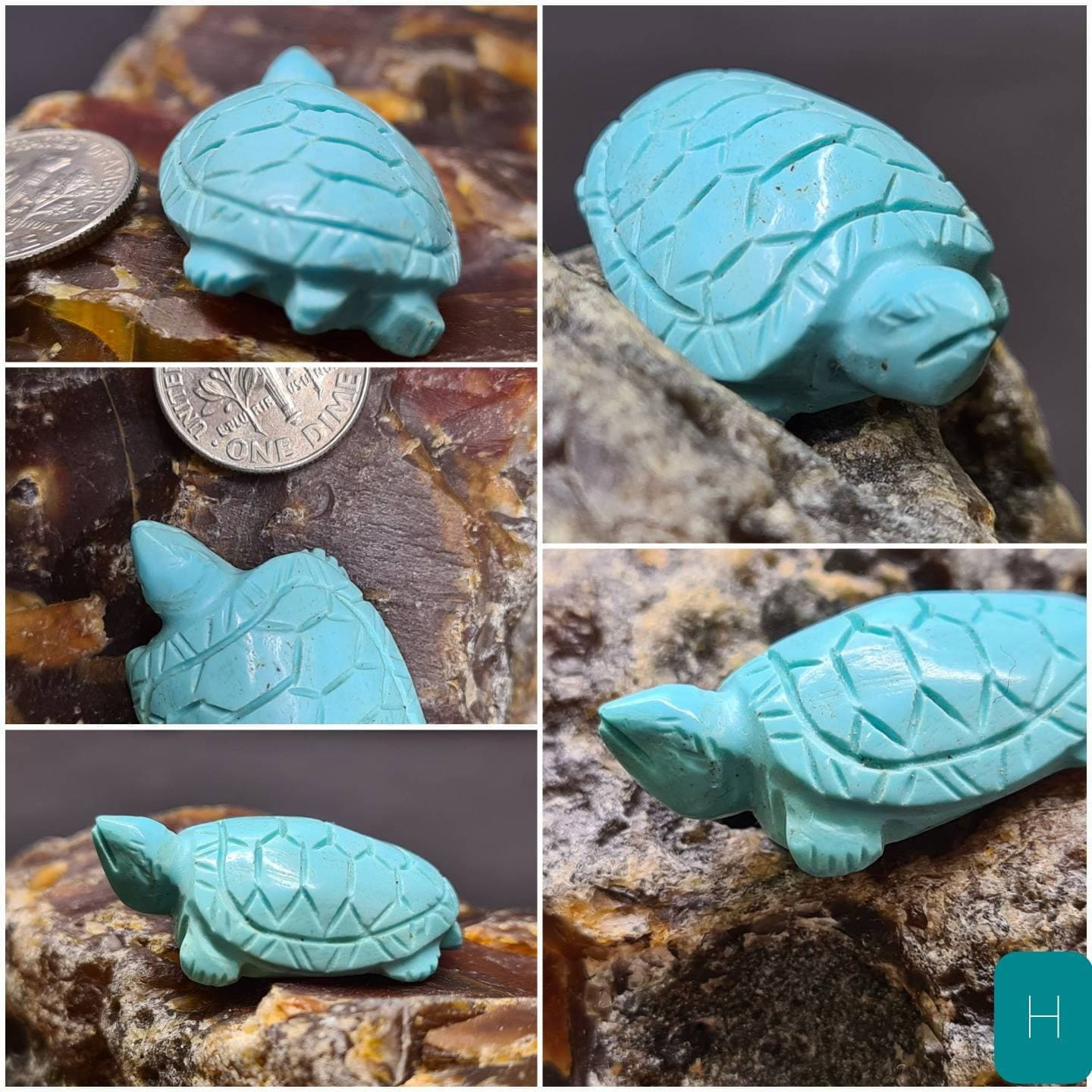 Hand Carved Natural Turquoise Sea Turtle Totem, Miniature Animals Collectible Figurines Vintage Sculpture, Old Stock