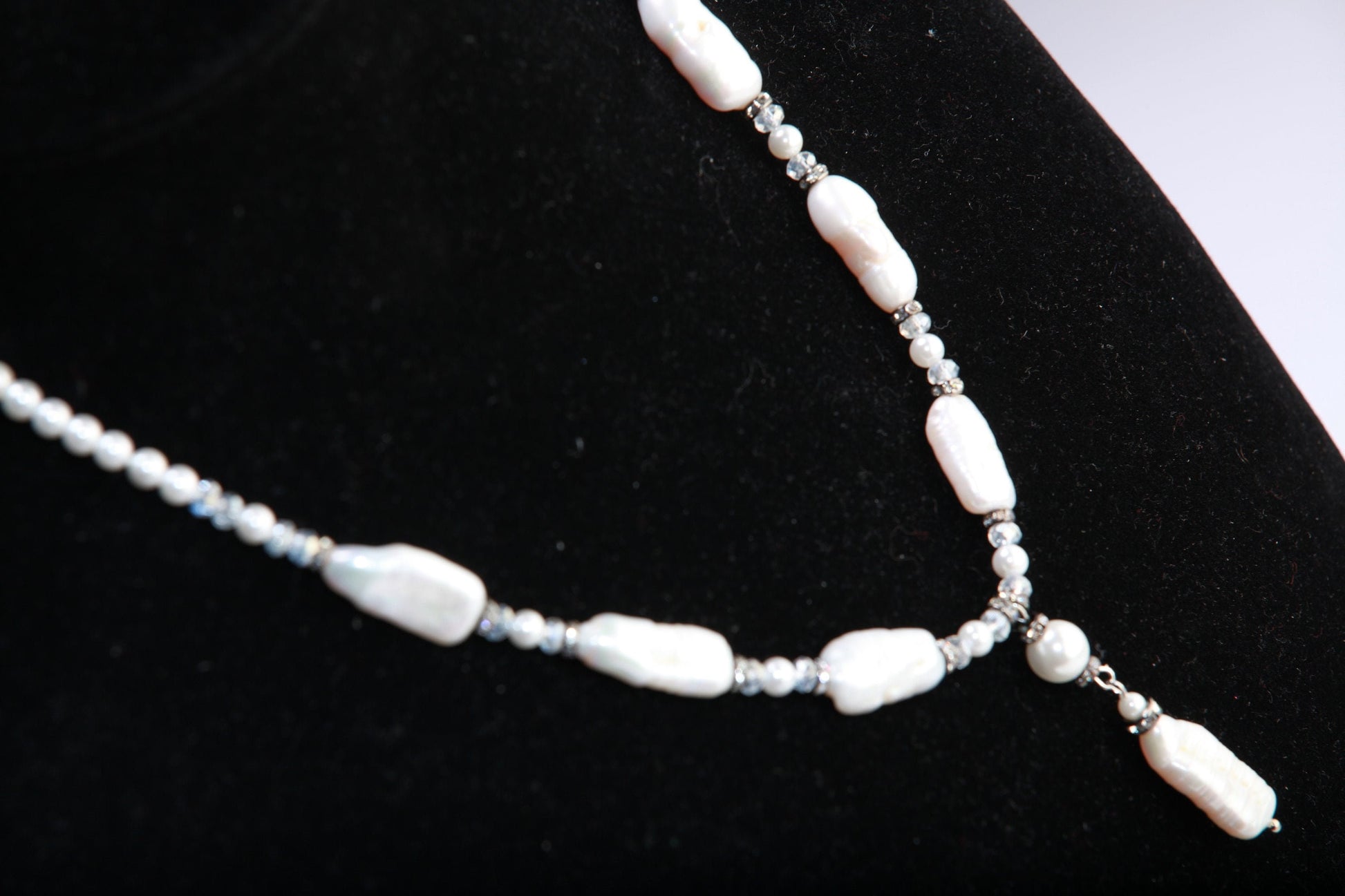Natural Freshwater Biwa Pearl 10x20mm with Oyster Shell Pearl and Crystal Accent Adjustable Chains 16.5" to 18" Y Necklace
