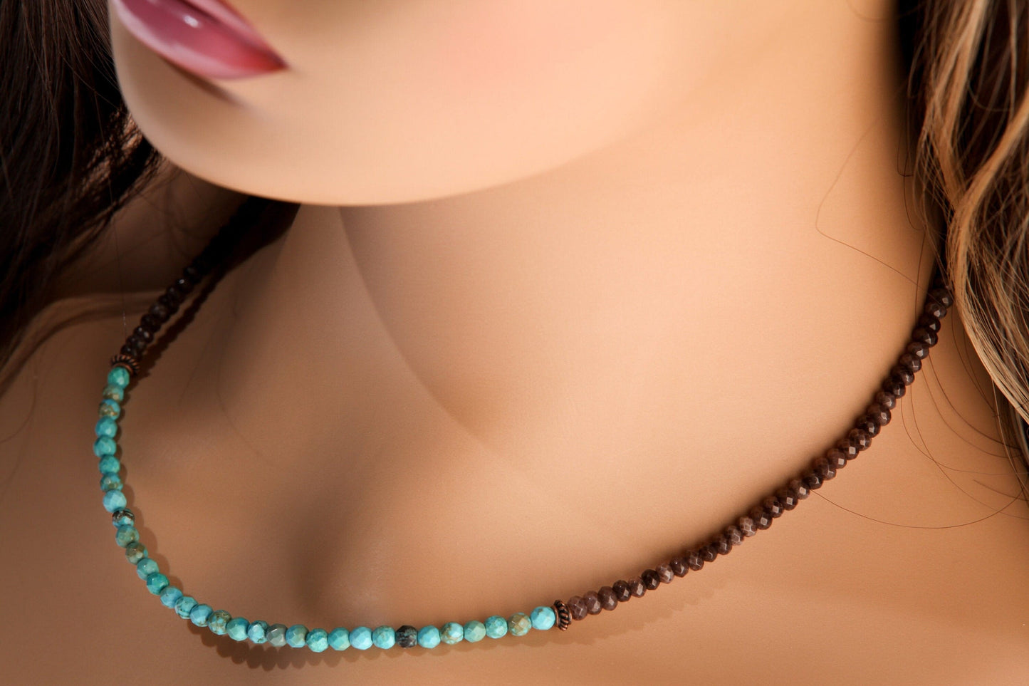 Genuine Blue Turquoise 4mm Faceted Round, Coffee Quartz Rondelle Choker Hand Made Necklace, December Birth Stone, Man and Woman Jewelry