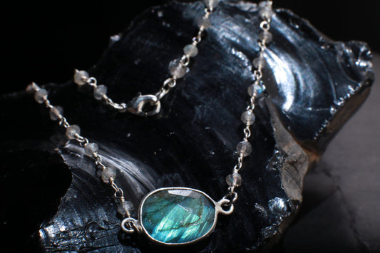 Genuine Labradorite Faceted Free Form Silver Bezel with Labradorite Beaded Rosary Chain 16" Necklace, Healing Gemstone, Jewelry for her