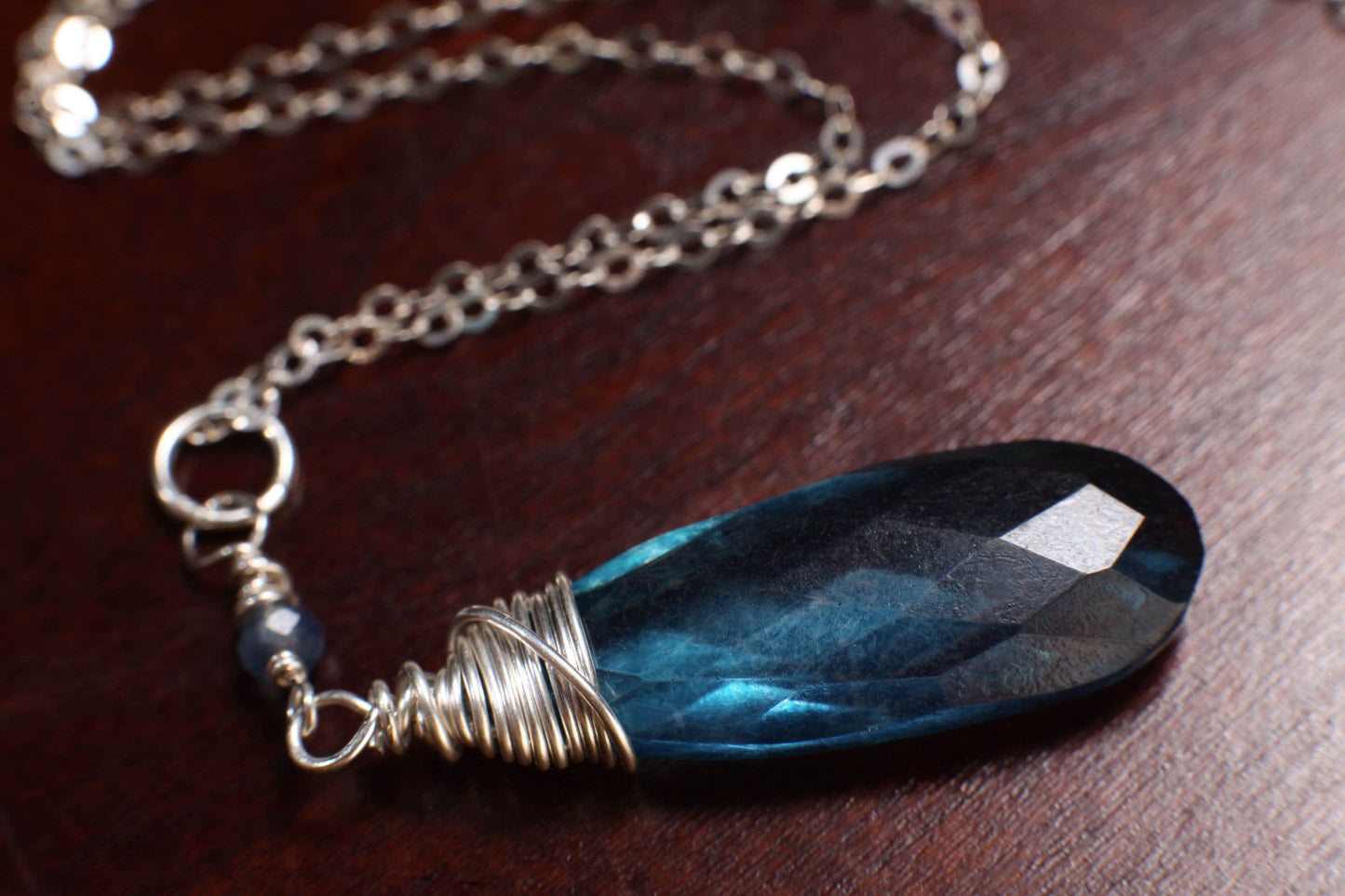 Moss Kyanite Faceted Long Pear Drop 10.5x30mm 925 Sterling Silver Wire Wrapped Pendant Necklace, Boho, Handmade, Minimalist, Gift for her