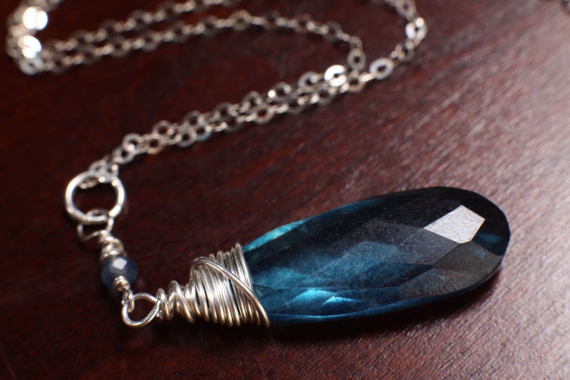 Moss Kyanite Faceted Long Pear Drop 10.5x30mm 925 Sterling Silver Wire Wrapped Pendant Necklace, Boho, Handmade, Minimalist, Gift for her