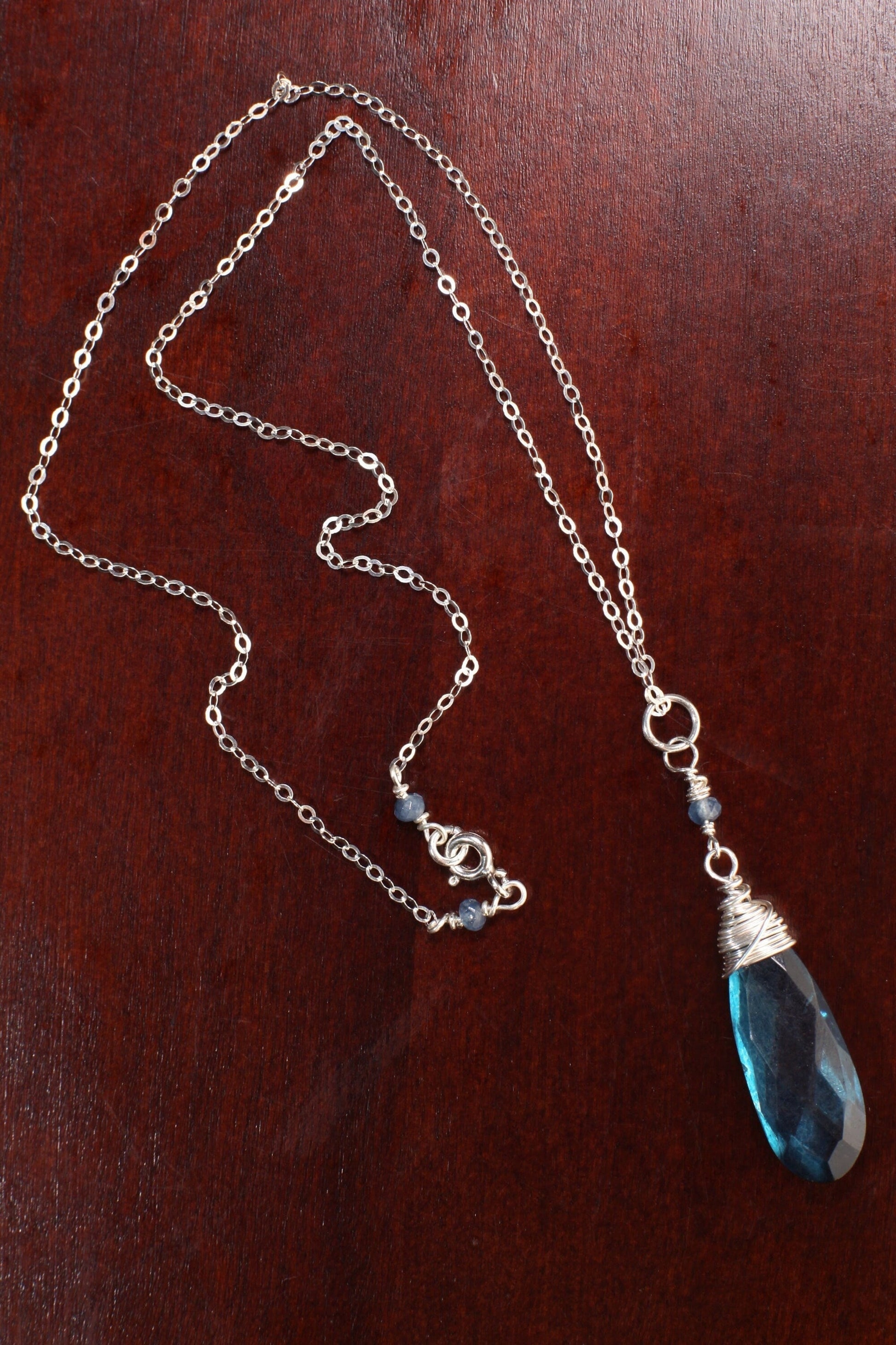 Moss Kyanite Faceted Long Pear Drop 10.5x30mm 925 Sterling Silver Wire Wrapped Pendant Necklace, Boho, Handmade, Minimalist, Gift for her