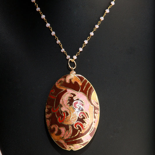 Traditional Cloisonné Pendant Vintage Floral Flowers Focal with Gold Plated Beaded Chain Necklace 20&quot; and matching Leverback Earrings set