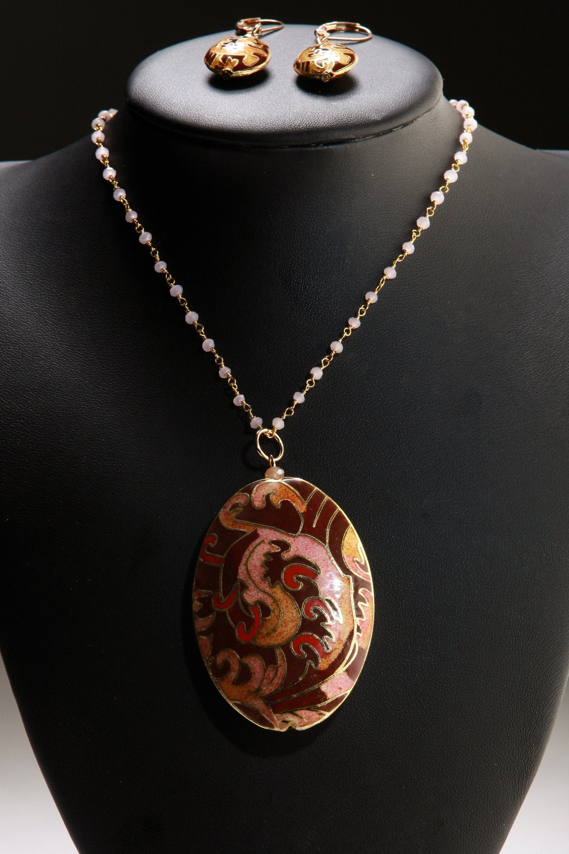 Traditional Cloisonné Pendant Vintage Floral Flowers Focal with Gold Plated Beaded Chain Necklace 20" and matching Leverback Earrings set