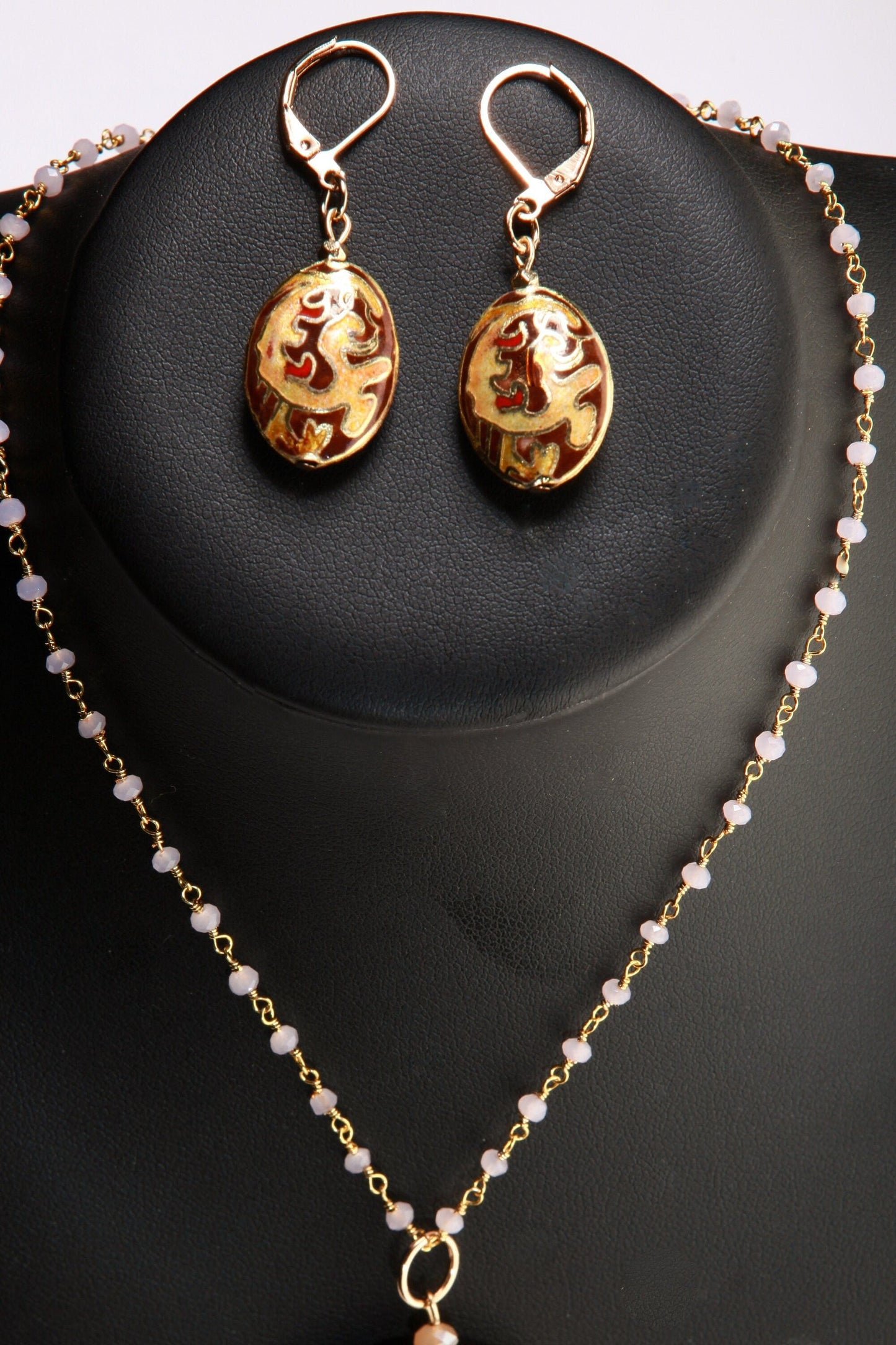 Traditional Cloisonné Pendant Vintage Floral Flowers Focal with Gold Plated Beaded Chain Necklace 20" and matching Leverback Earrings set