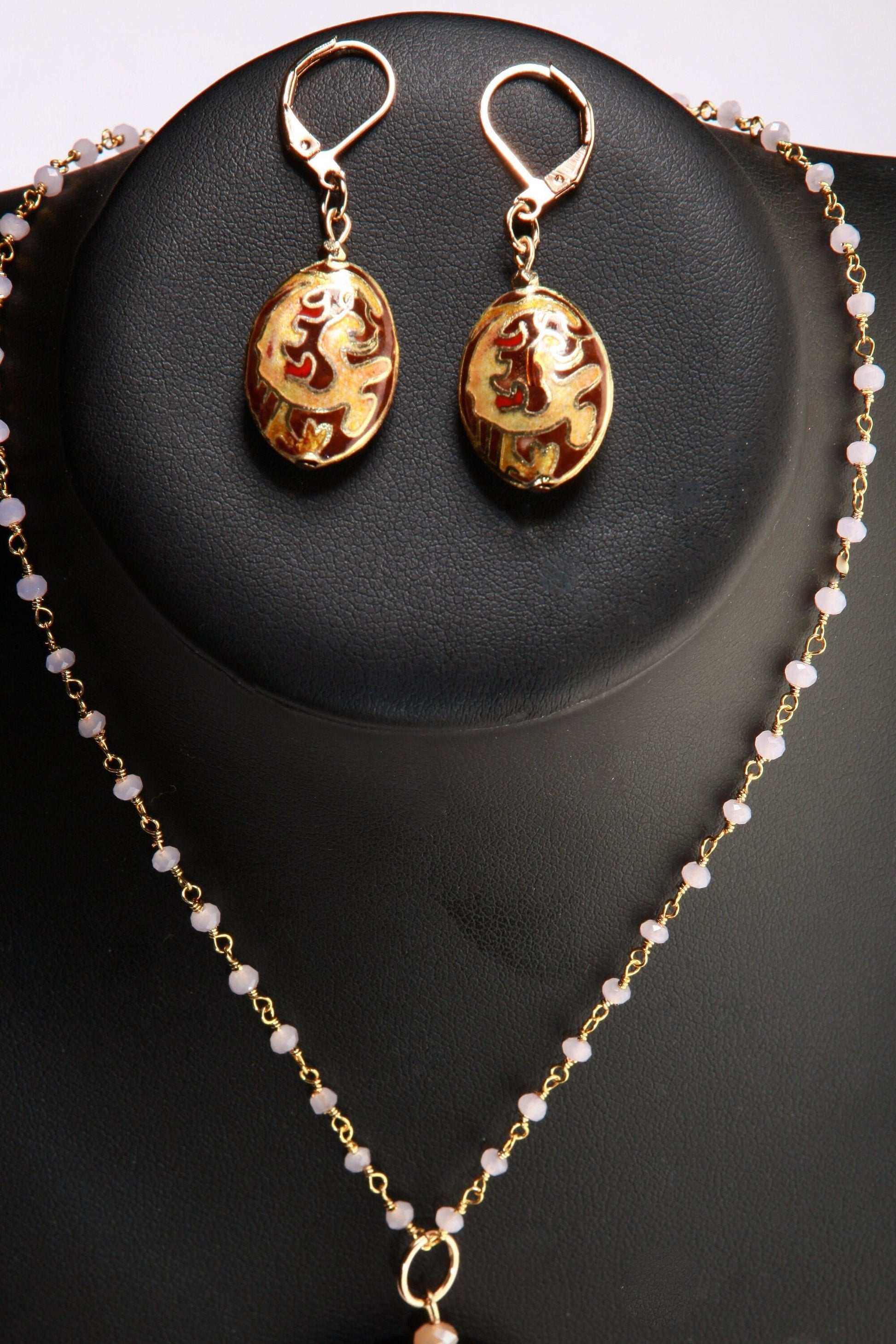 Traditional Cloisonné Pendant Vintage Floral Flowers Focal with Gold Plated Beaded Chain Necklace 20" and matching Leverback Earrings set