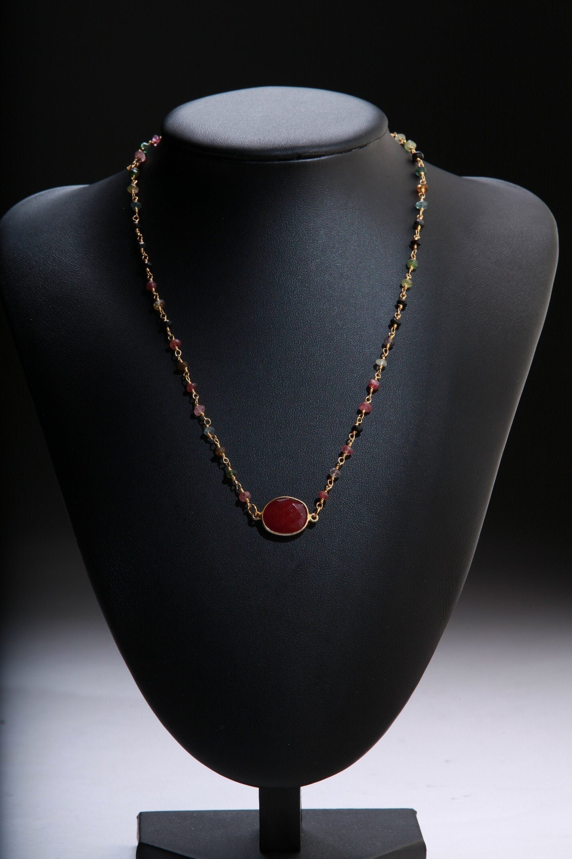 Genuine Ruby Faceted Free Form Oval Gold Vermeil Bezel with Stunning Tourmaline Beaded Rosary Chain 16&quot; Necklace, Girlfriend Gift.