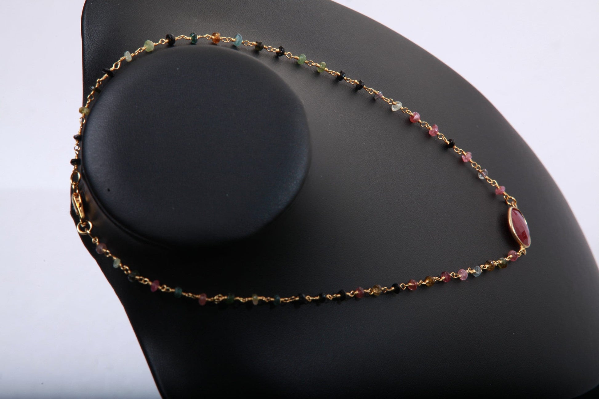 Genuine Ruby Faceted Free Form Oval Gold Vermeil Bezel with Stunning Tourmaline Beaded Rosary Chain 16&quot; Necklace, Girlfriend Gift.