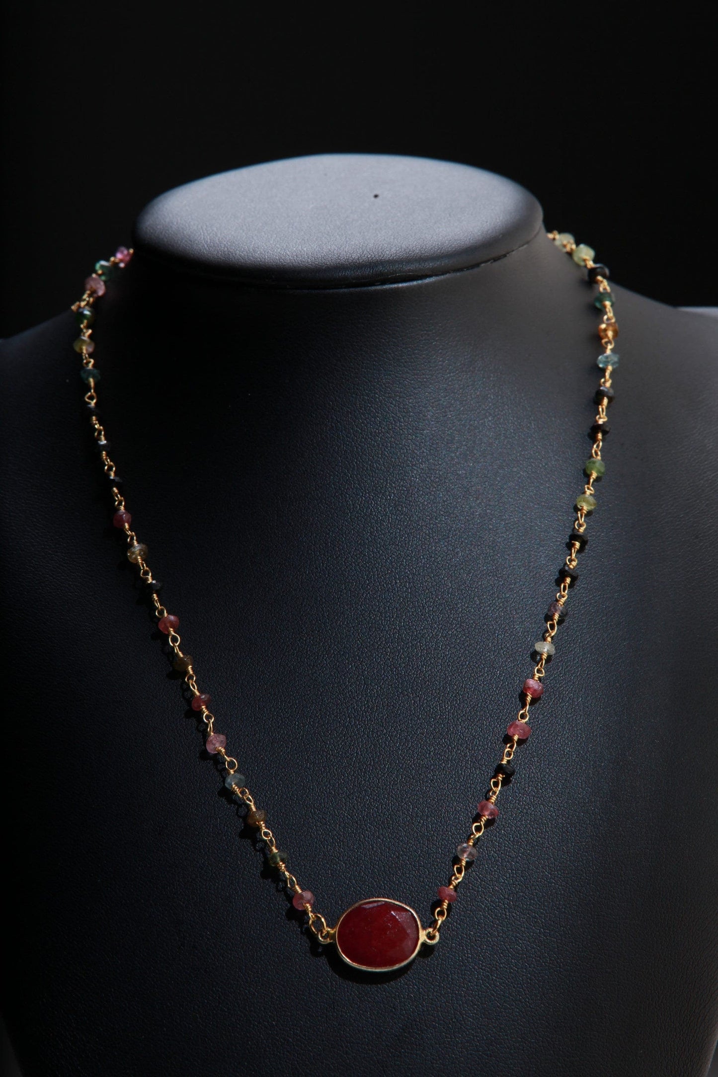 Genuine Ruby Faceted Free Form Oval Gold Vermeil Bezel with Stunning Tourmaline Beaded Rosary Chain 16&quot; Necklace, Girlfriend Gift.