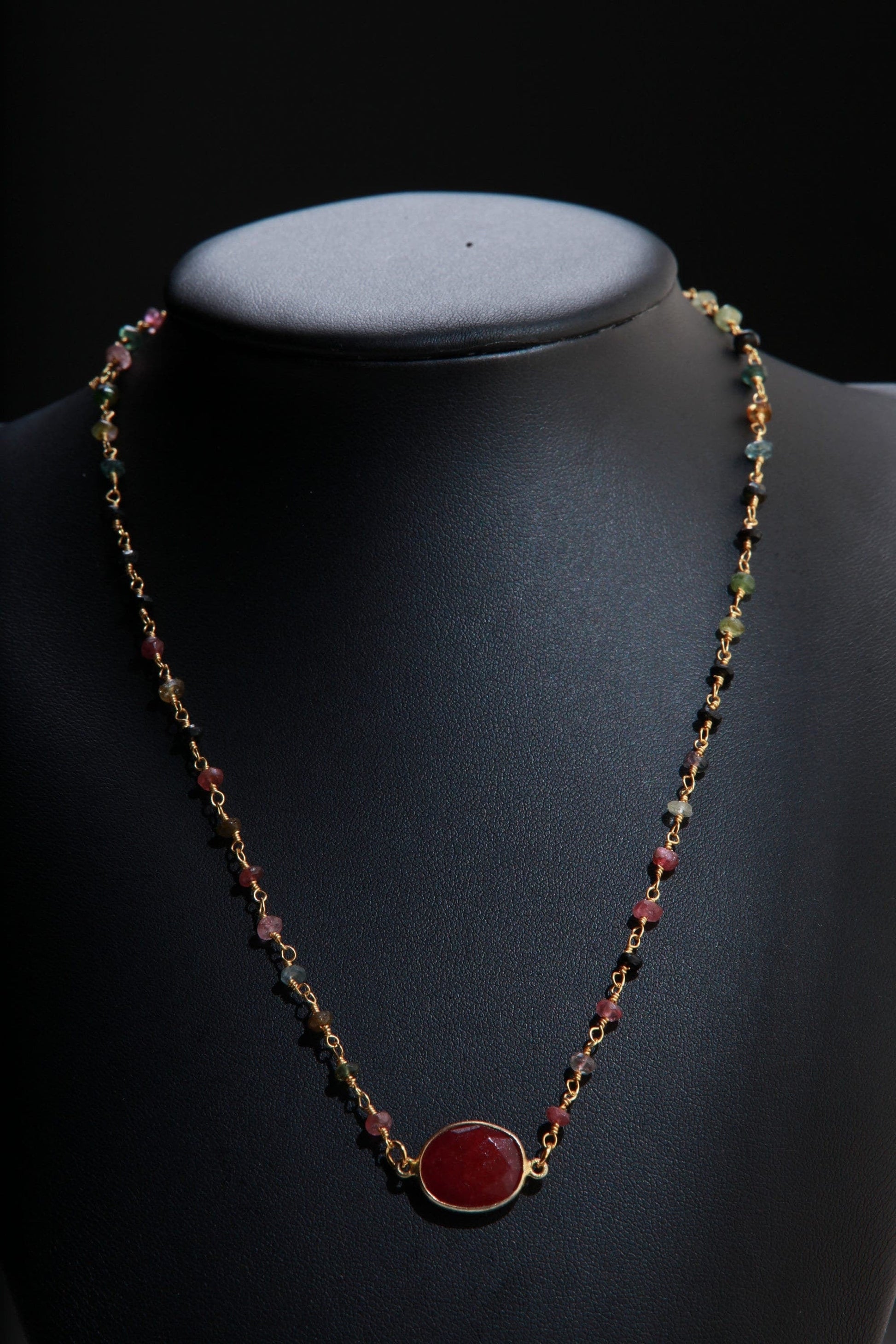 Genuine Ruby Faceted Free Form Oval Gold Vermeil Bezel with Stunning Tourmaline Beaded Rosary Chain 16&quot; Necklace, Girlfriend Gift.