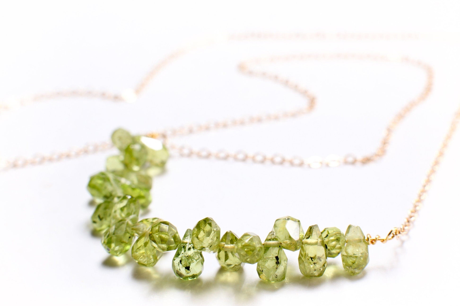 Natural Peridot Faceted Briolette 4x6-5x7mm Gemstone Drop Beads, 14K Gold Filled Chain and Clasp Choker Necklace