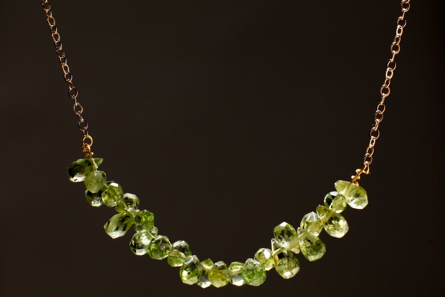 Natural Peridot Faceted Briolette 4x6-5x7mm Gemstone Drop Beads, 14K Gold Filled Chain and Clasp Choker Necklace