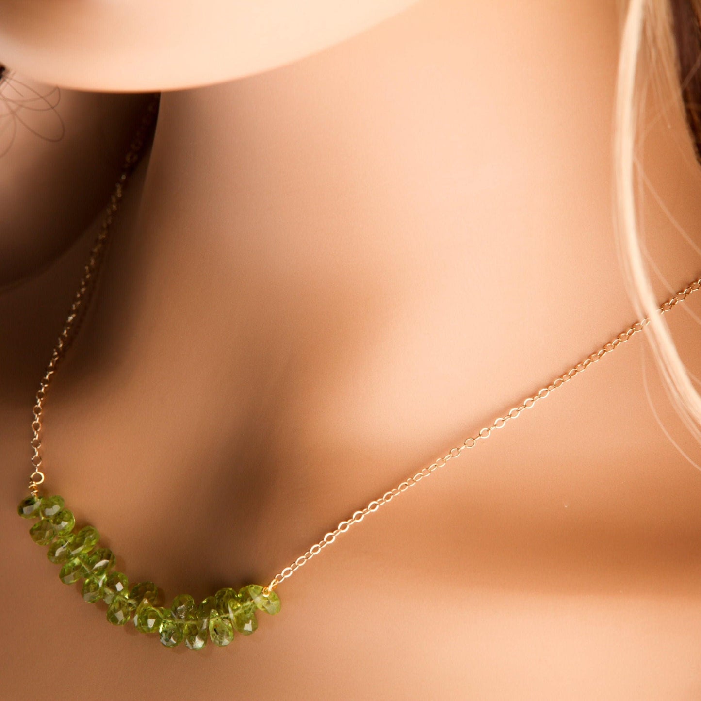 Natural Peridot Faceted Briolette 4x6-5x7mm Gemstone Drop Beads, 14K Gold Filled Chain and Clasp Choker Necklace