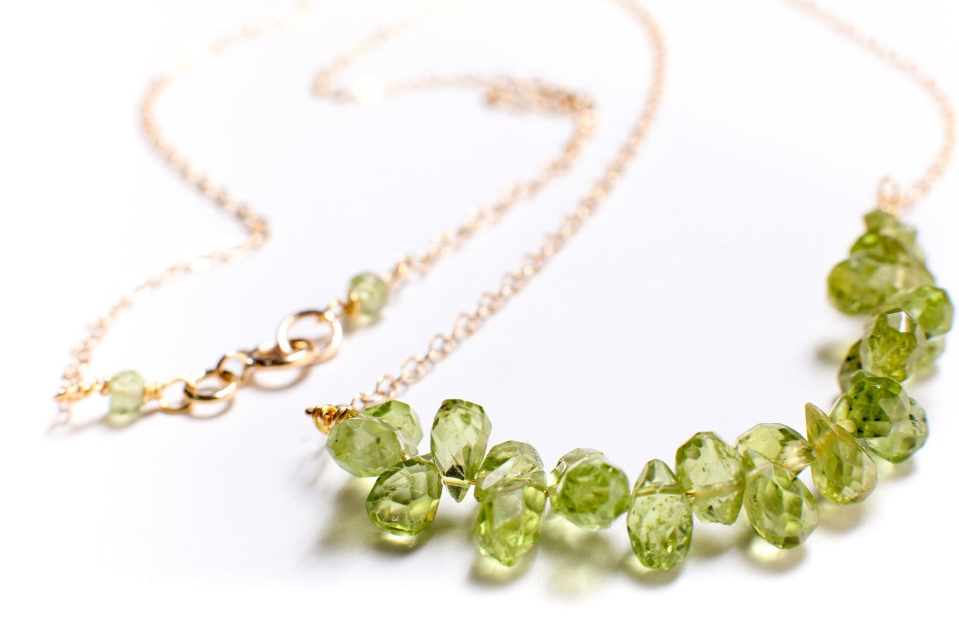 Natural Peridot Faceted Briolette 4x6-5x7mm Gemstone Drop Beads, 14K Gold Filled Chain and Clasp Choker Necklace