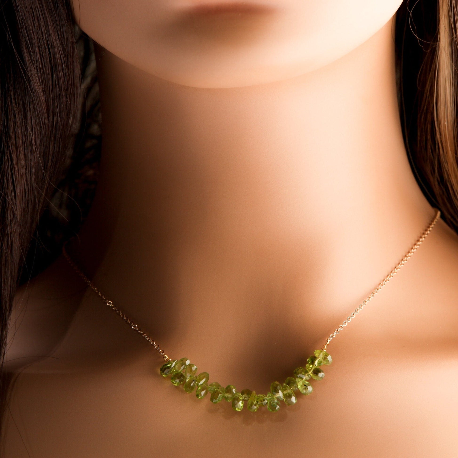 Natural Peridot Faceted Briolette 4x6-5x7mm Gemstone Drop Beads, 14K Gold Filled Chain and Clasp Choker Necklace