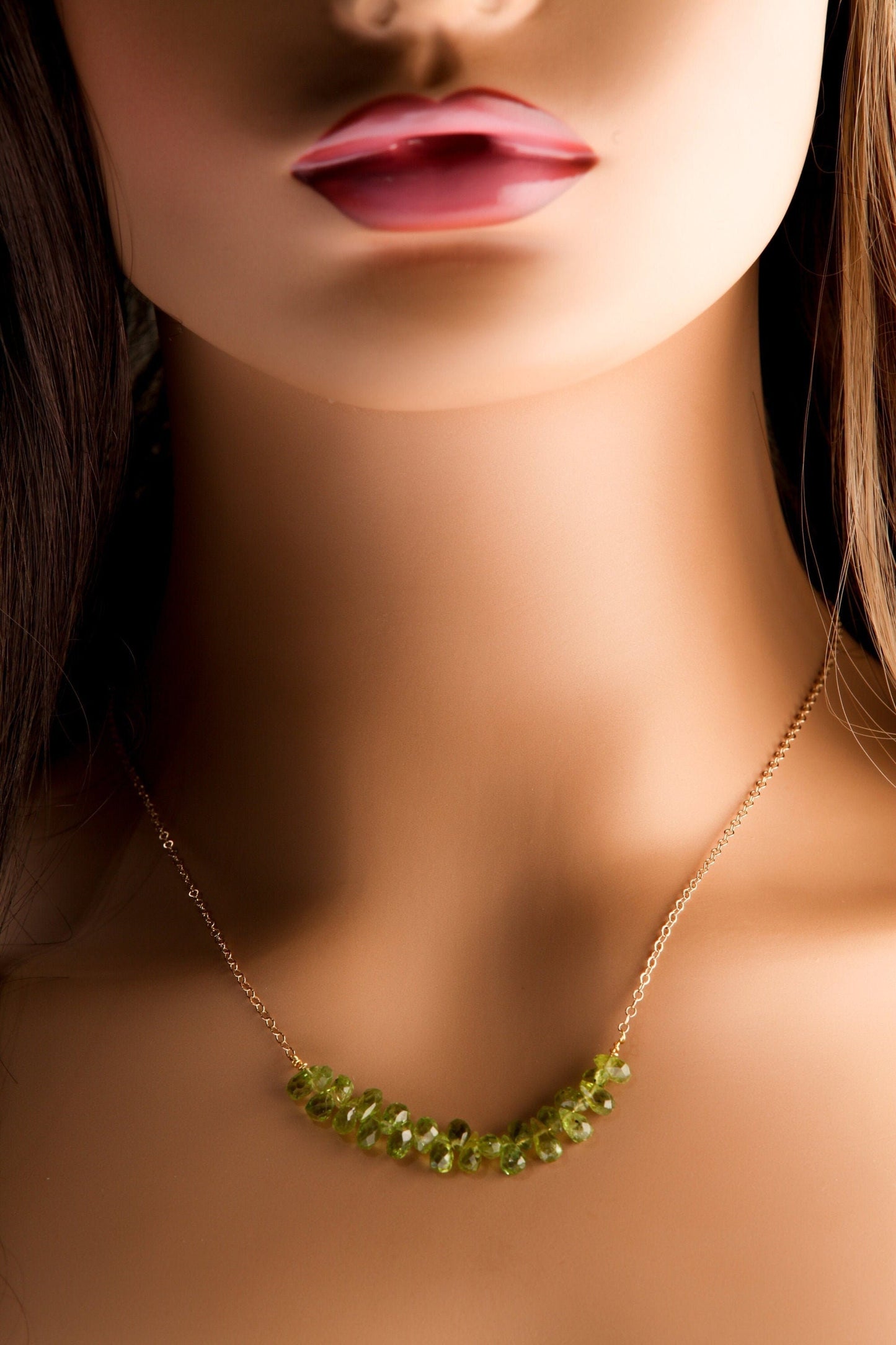 Natural Peridot Faceted Briolette 4x6-5x7mm Gemstone Drop Beads, 14K Gold Filled Chain and Clasp Choker Necklace