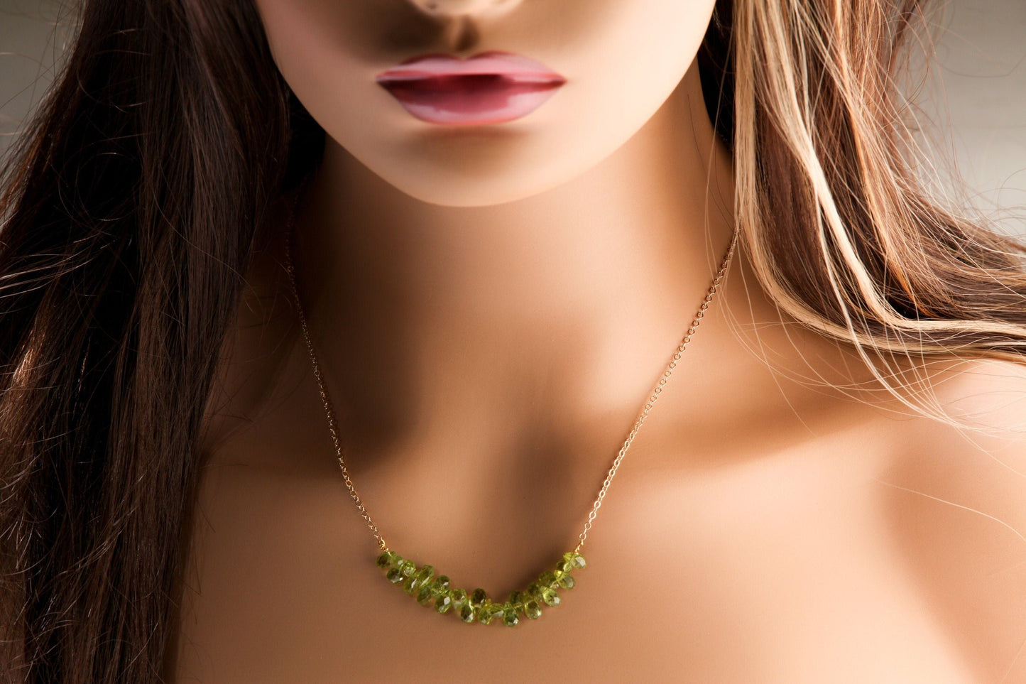 Natural Peridot Faceted Briolette 4x6-5x7mm Gemstone Drop Beads, 14K Gold Filled Chain and Clasp Choker Necklace