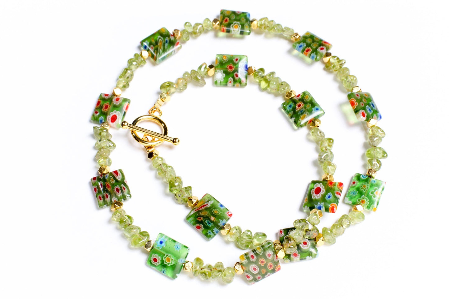 Natural Raw Peridot Tumbled Nugget 4x6-5x7mm Gemstone. Spacer pillow shape Millefiori thousand Flower bead 12mm Gold Toggle Clasp Necklace