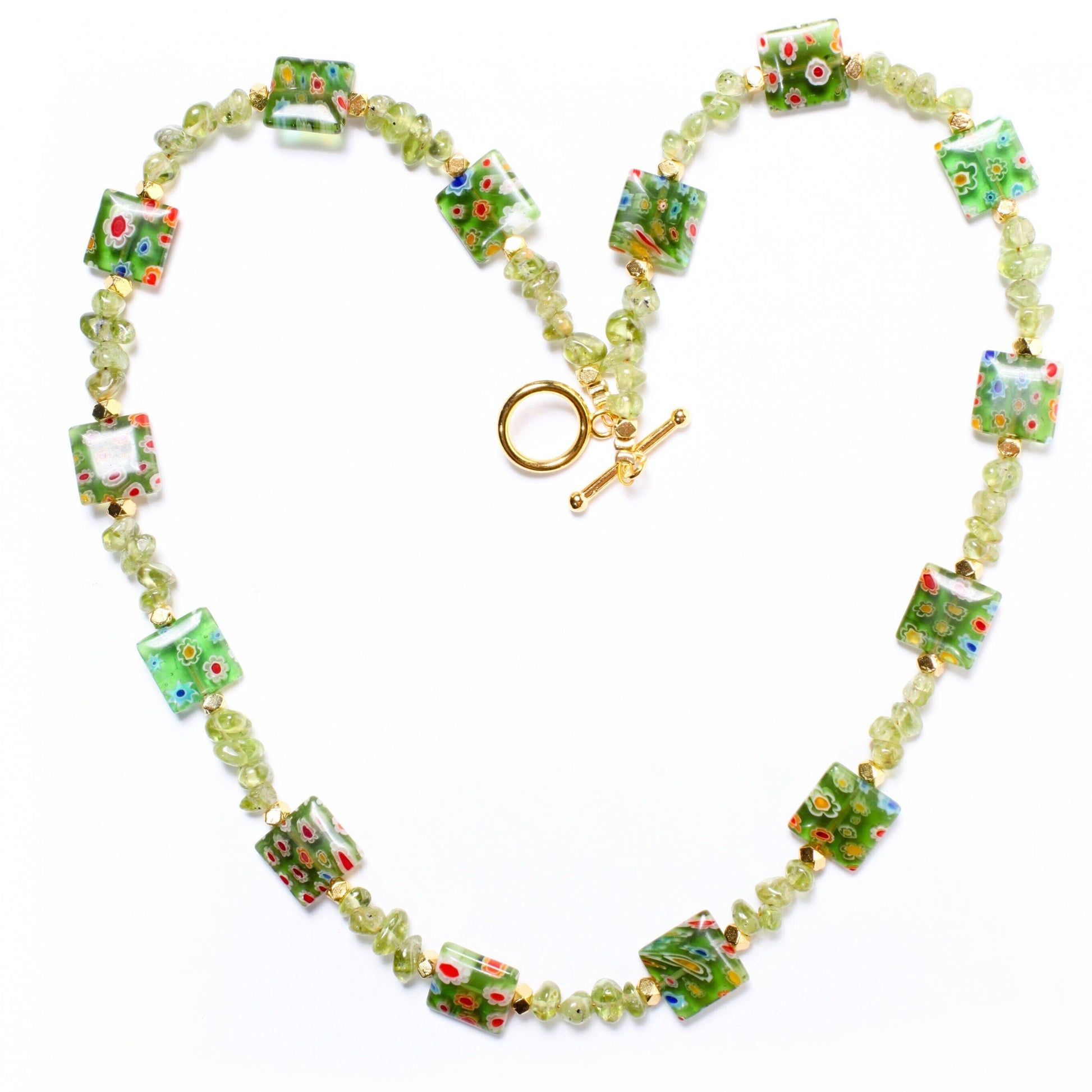 Natural Raw Peridot Tumbled Nugget 4x6-5x7mm Gemstone. Spacer pillow shape Millefiori thousand Flower bead 12mm Gold Toggle Clasp Necklace