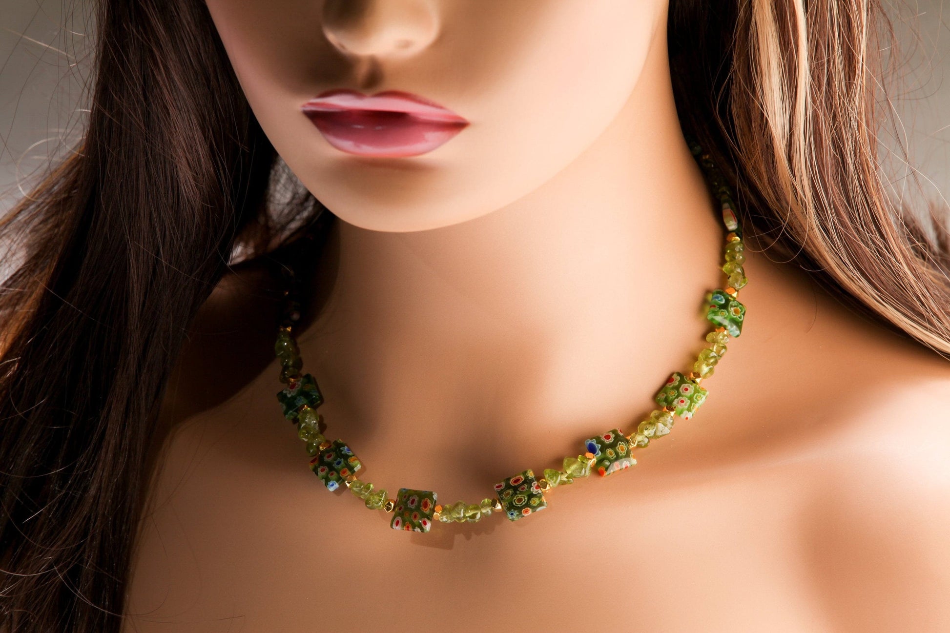 Natural Raw Peridot Tumbled Nugget 4x6-5x7mm Gemstone. Spacer pillow shape Millefiori thousand Flower bead 12mm Gold Toggle Clasp Necklace