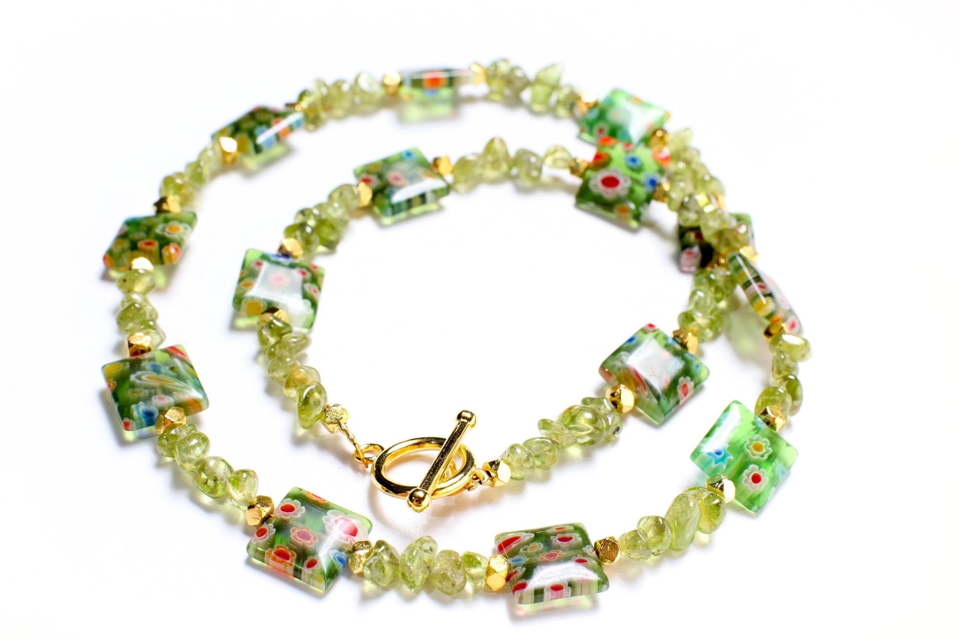 Natural Raw Peridot Tumbled Nugget 4x6-5x7mm Gemstone. Spacer pillow shape Millefiori thousand Flower bead 12mm Gold Toggle Clasp Necklace