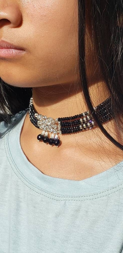 Black Onyx Rhinestones Roundel with Crystal Statement piece and Dangling Onyx Adjustable 5 line Multi Strand Choker 12.5&quot; to 15&quot;