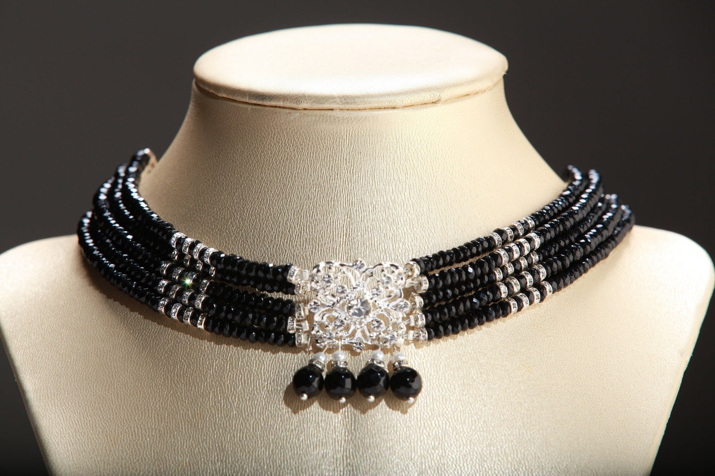 Black Onyx Rhinestones Roundel with Crystal Statement piece and Dangling Onyx Adjustable 5 line Multi Strand Choker 12.5" to 15"