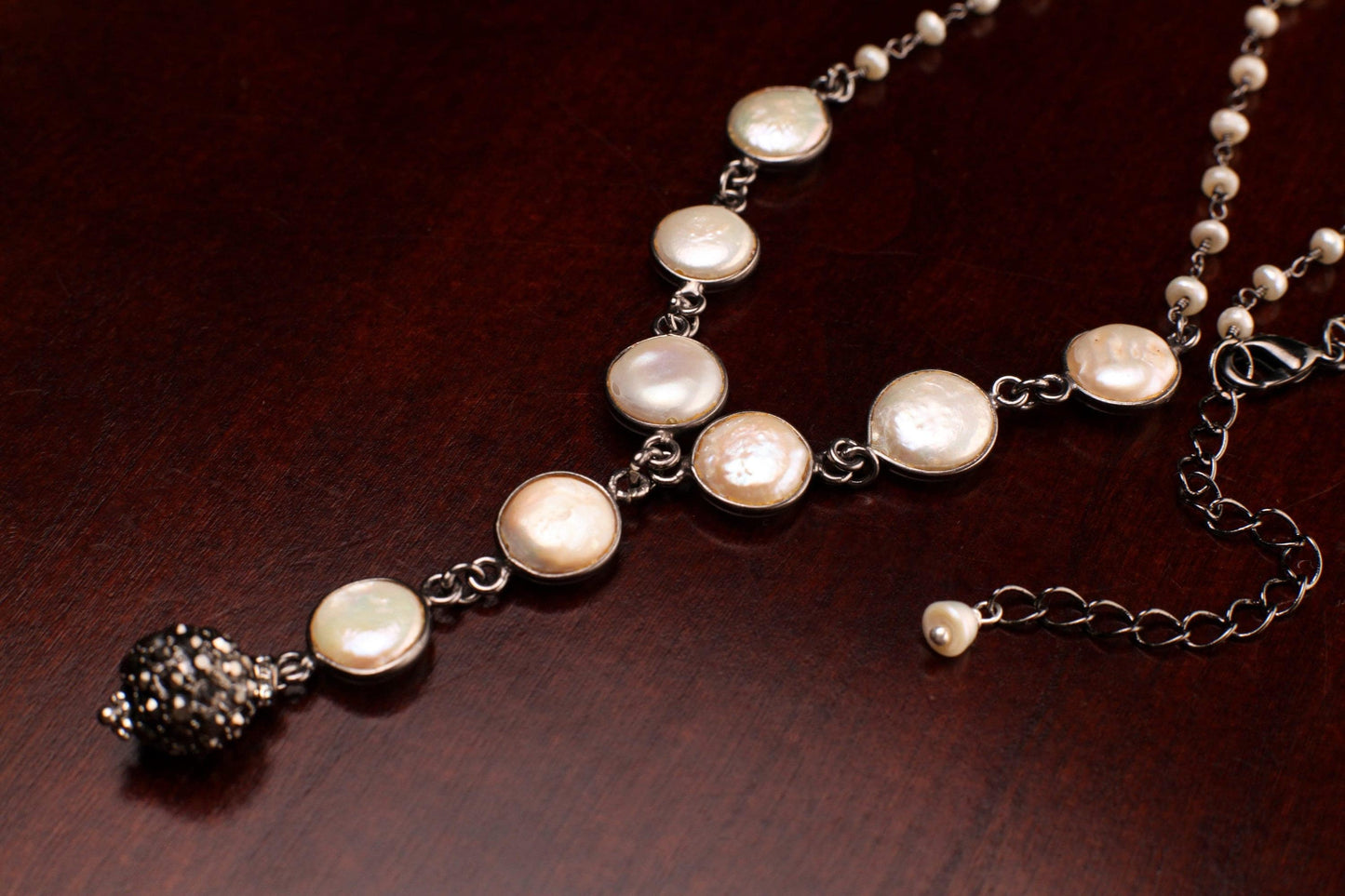Classic Natural Freshwater Coin Pearl Oxidized Bezel Chain, Accent with Marcasite Ball in Lariat Choker Wire Wrap Pearl Chain, Y Necklace