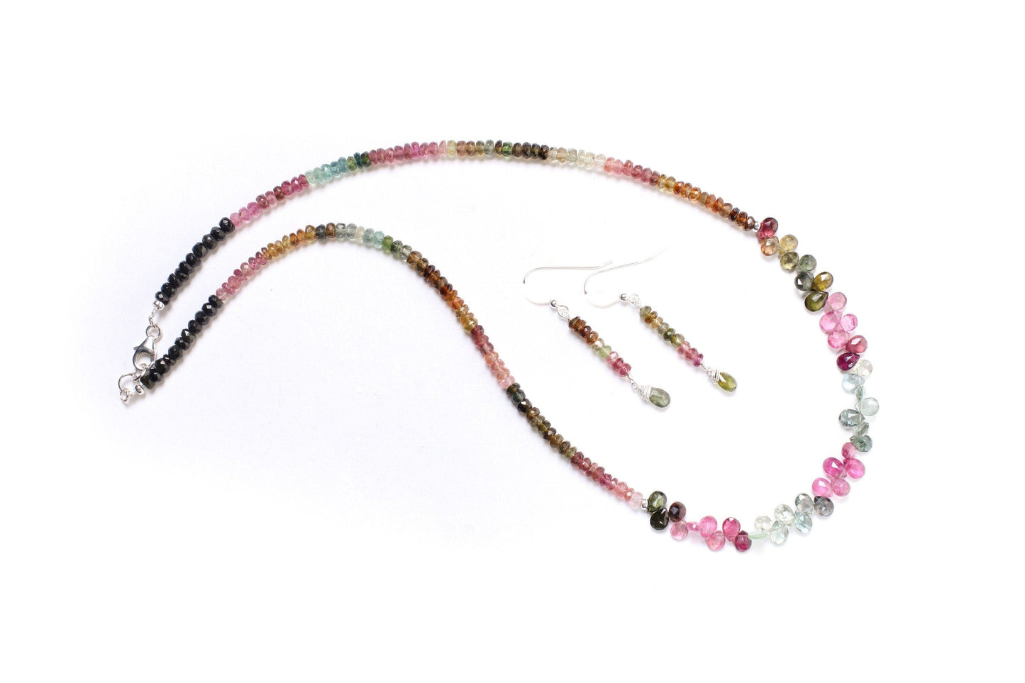 Natural Multi Watermelon Tourmaline AAA Faceted Briolette Teardrop Necklace 20&quot; and matching Earrings Jewelry set in 925 Sterling Silver