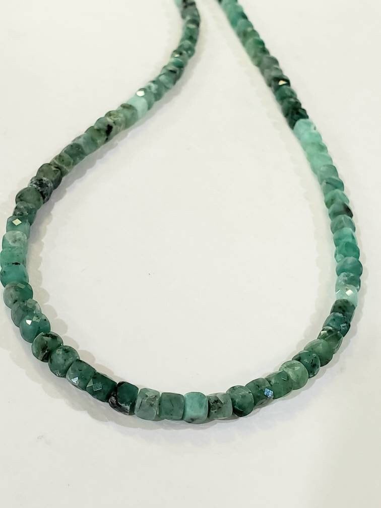 Natural Emerald Ombre 4-4.5mm Faceted Square Cube shape with 925 Sterling Silver Necklace, Energy Chakra Yoga Gift.