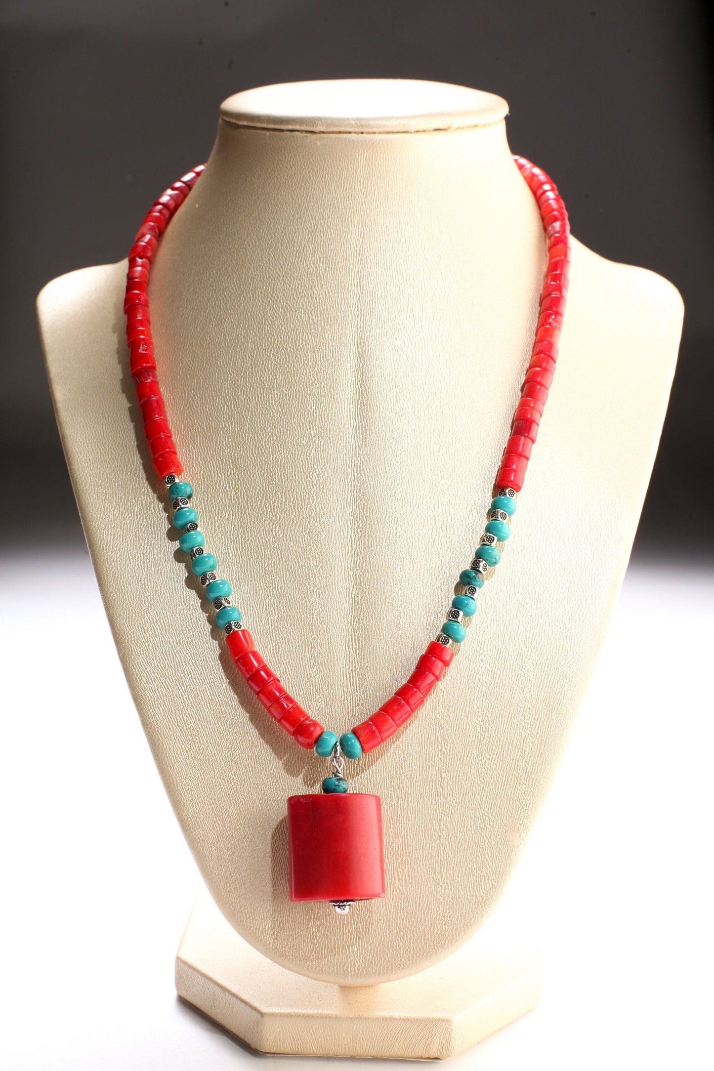 Genuine AAA Red Bamboo Coral Heishe and Turquoise Rondelle Spacers Necklace, 21x26mm Bamboo Coral Oval Tube Centerpiece 19&quot; Necklace