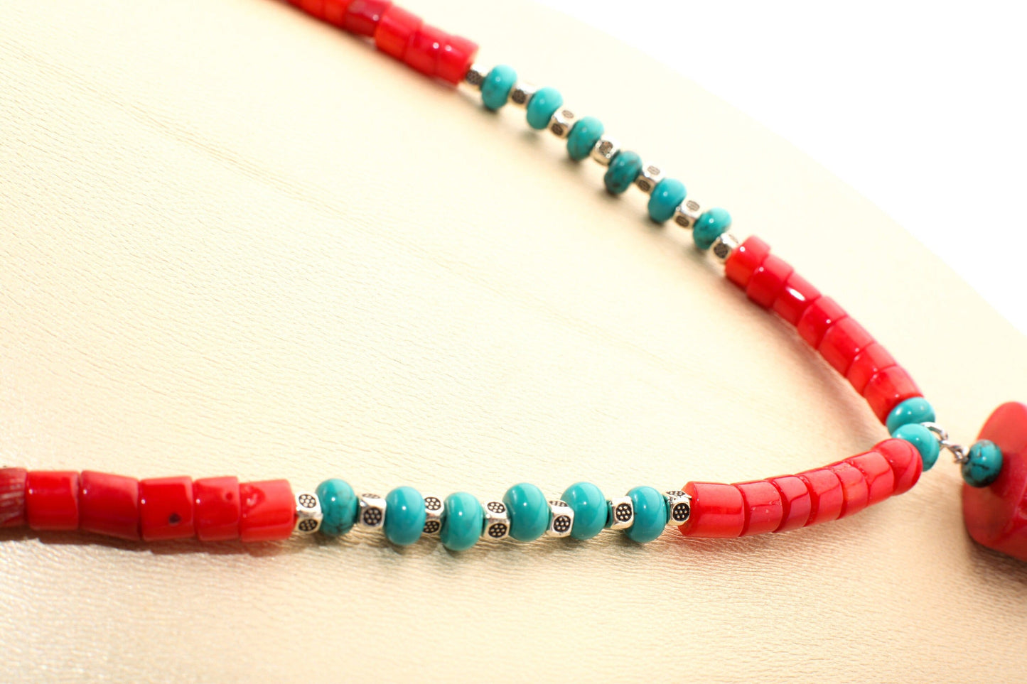 Genuine AAA Red Bamboo Coral Heishe and Turquoise Rondelle Spacers Necklace, 21x26mm Bamboo Coral Oval Tube Centerpiece 19" Necklace