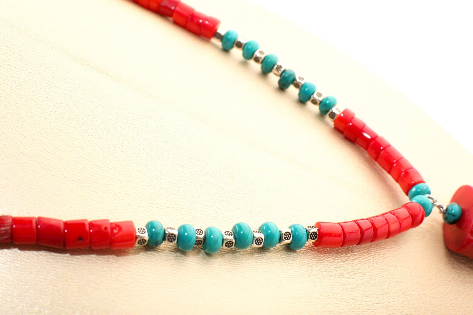 Genuine AAA Red Bamboo Coral Heishe and Turquoise Rondelle Spacers Necklace, 21x26mm Bamboo Coral Oval Tube Centerpiece 19" Necklace