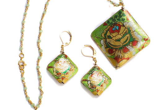 Traditional Cloisonné Pendant Vintage Floral Flowers Pink Revisable Focal with Beaded Chain Necklace 20&quot; and matching Earrings set