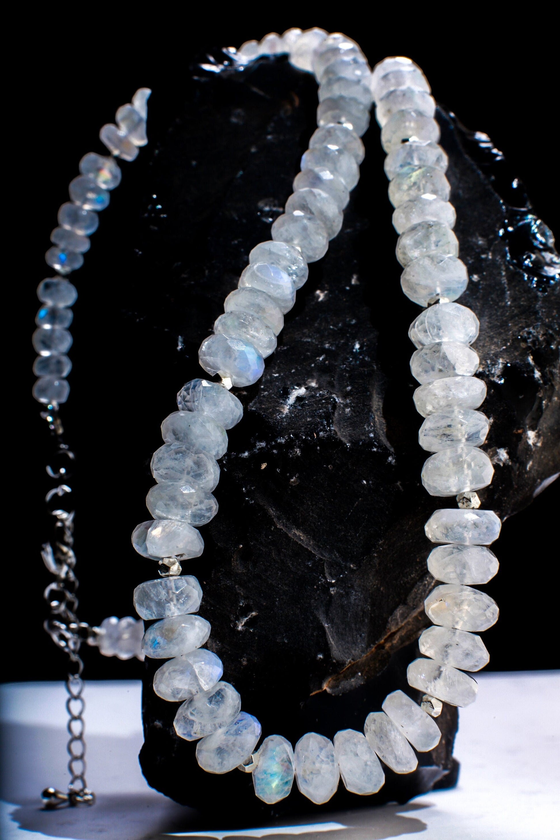 Natural Rainbow Moonstone Graduated 6-9mm Faceted Roundel Gemstone Necklace with 2" Extension, June Birthstone, Precious Gift For Her