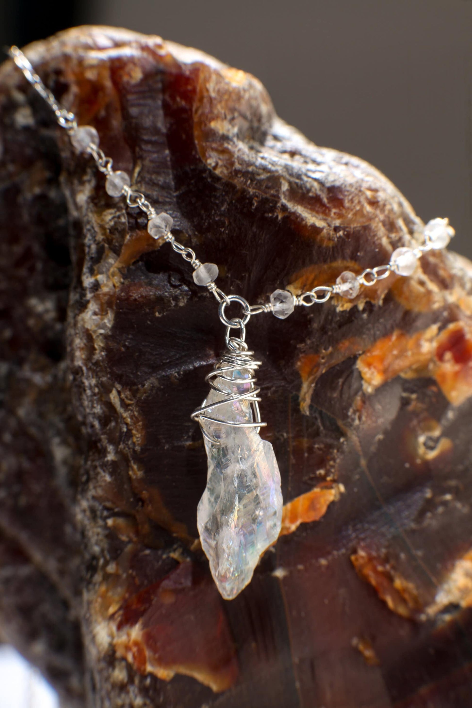 Natural Rock Crystal Raw Druzy Wire Wrapped Pendant with Moonstone Faceted Rondelle Gemstone Necklace in 925 Sterling Silver,Gift For Her