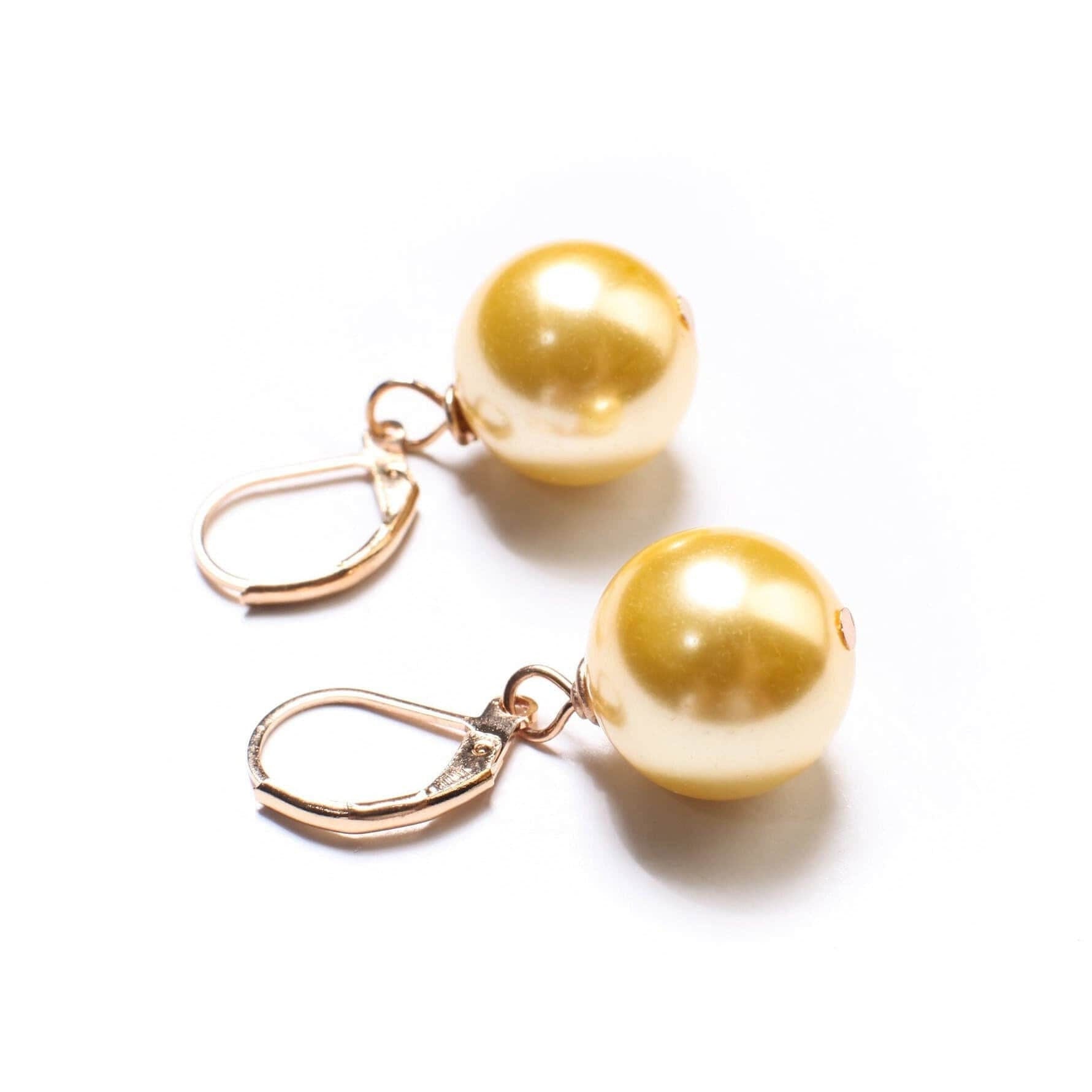 Golden Yellow South Sea Shell Pearl 14, 16mm Large High Luster in Gold Plated or 14k Gold Filled Leverback Earrings, Bridal, Gift for Her